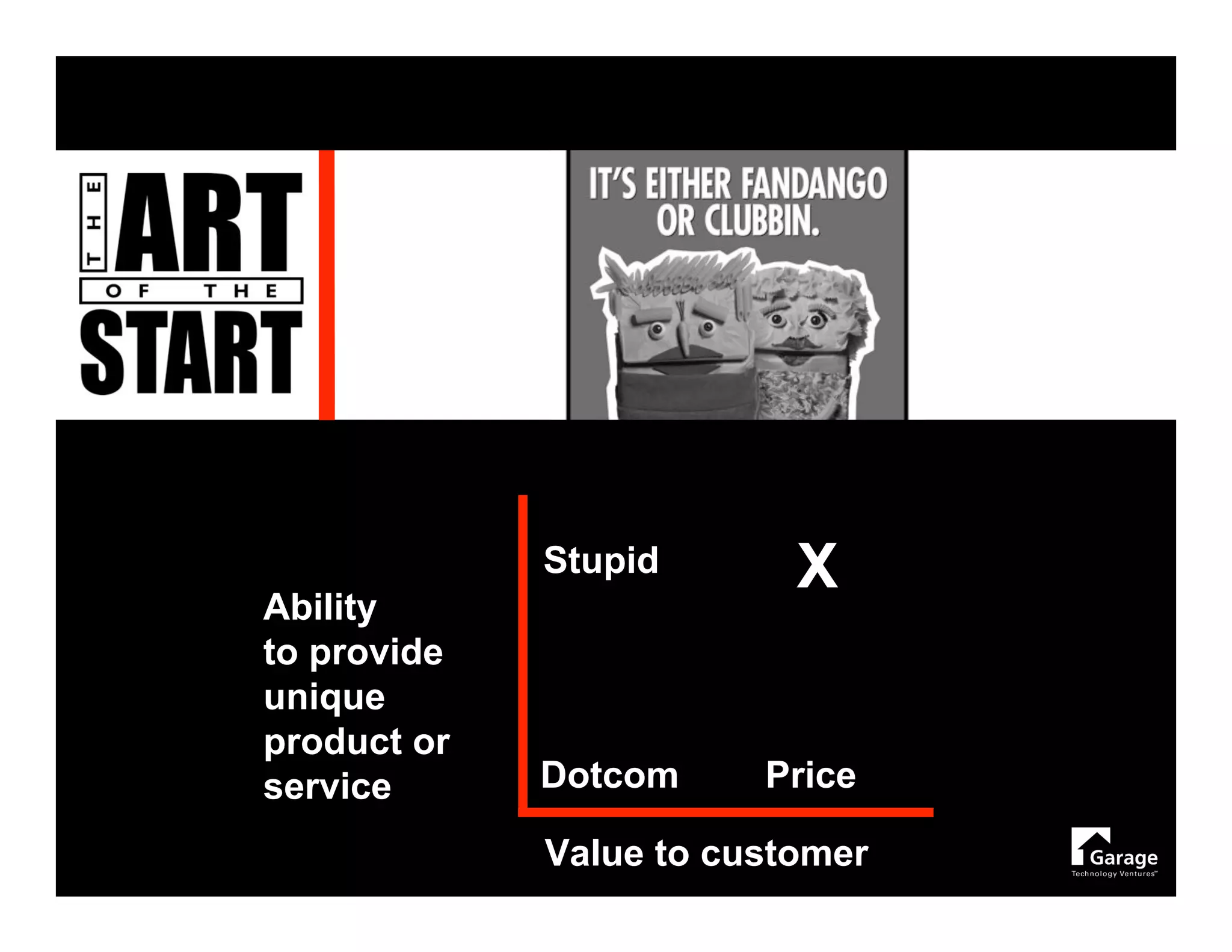 Stupid       X
Ability
to provide
unique
product or
service      Dotcom     Price

             Value to customer
 