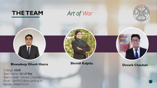 1
THETEAM
Biswadeep Ghosh Hazra
Art of War
Devark Chauhan
College: XIMB
Team Name: Art of War
Team Leader: Devark Chauhan
Email : UM19152@stu.ximb.ac.in
Mobile: 9466670234
Shmidi Kalpita
 