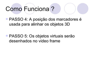 Como Funciona ? PASSO 4: A posição dos marcadores é usada para alinhar os objetos 3D PASSO 5: Os objetos virtuais serão desenhados no video frame  