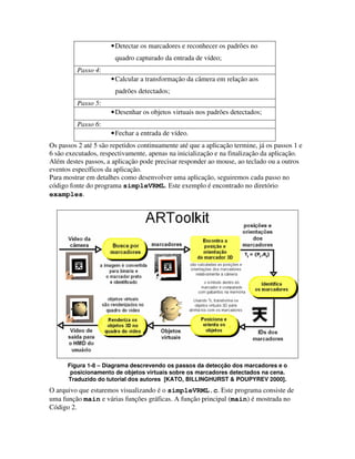 • Detectar os marcadores e reconhecer os padrões no
                       quadro capturado da entrada de vídeo;
          Passo 4:
                      • Calcular a transformação da câmera em relação aos
                       padrões detectados;
          Passo 5:
                      • Desenhar os objetos virtuais nos padrões detectados;
          Passo 6:
                      • Fechar a entrada de vídeo.
Os passos 2 até 5 são repetidos continuamente até que a aplicação termine, já os passos 1 e
6 são executados, respectivamente, apenas na inicialização e na finalização da aplicação.
Além destes passos, a aplicação pode precisar responder ao mouse, ao teclado ou a outros
eventos específicos da aplicação.
Para mostrar em detalhes como desenvolver uma aplicação, seguiremos cada passo no
código fonte do programa simpleVRML. Este exemplo é encontrado no diretório
examples.




      Figura 1-8 – Diagrama descrevendo os passos da detecção dos marcadores e o
       posicionamento de objetos virtuais sobre os marcadores detectados na cena.
      Traduzido do tutorial dos autores [KATO, BILLINGHURST & POUPYREV 2000].
O arquivo que estaremos visualizando é o simpleVRML.c. Este programa consiste de
uma função main e várias funções gráficas. A função principal (main) é mostrada no
Código 2.
 