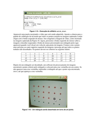 Figura 1-15 – Execução do utilitário calib_dist.
Aparecerá uma janela mostrando o vídeo que está sendo adquirido. Aponte a câmera para o
padrão de calibração de tal modo que todos os pontos estejam na imagem capturada e então
clique com o botão esquerdo do mouse. Isto congelará a imagem de vídeo, como mostrado
na imagem capturada da Figura 16. Agora, pressione o botão esquerdo do mouse sobre a
imagem e desenhe (segurando o botão do mouse pressionado) um retângulo preto (que
aparecerá quando você clicar) em volta de cada ponto da imagem. Comece com o ponto
mais próximo ao canto superior esquerdo da imagem e prossiga até que todos os pontos
tenham sido desenhados. Os pontos devem ser cobertos na seguinte ordem:

              1            2           3          4           5          6
              7            8           9         10          11         12
              13          14          15         16          17         18
              19          20          21         22          23         24

Depois de um retângulo ser desenhado, um software de processamento de imagens
encontrará o ponto coberto pelo retângulo e colocará uma cruz vermelha em seu centro. Se
não aparecer uma cruz vermelha, redesenhe o retângulo até que o ponto seja encontrado,
isto é, até que apareça a cruz vermelha.




           Figura 1-16 – Um retângulo sendo desenhado em torno de um ponto.
 