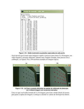 Figura 1-18 – Saída mostrando as posições capturadas de cada ponto.
Você deverá agora tomar outra imagem e repetir o processo para outras 5 a 10 imagens, em
vários ângulos e posições diferentes. Quanto mais imagens tomadas, mais precisa será a
calibração. As figuras 19a e 19b mostram exemplos de imagens típicas.

                    (a)                                            (b)




     Figura 1-19 – (a) Pose e posição diferentes do padrão de calibração da distorção.
                       (b) A mesma imagem com os pontos marcados.
Uma vez que você tenha tomado de 5 a 10 imagens, pressione o botão direito do mouse
para parar a captura de imagens e começar a calcular os valores de distorção da câmera.
 