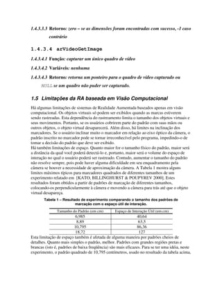1.4.3.3.3 Retorno: zero – se as dimensões foram encontradas com sucesso, -1 caso
          contrário

1.4.3.4 arVideoGetImage
1.4.3.4.1 Função: capturar um único quadro de vídeo
1.4.3.4.2 Variáveis: nenhuma
1.4.3.4.3 Retorno: retorna um ponteiro para o quadro de vídeo capturado ou
     NULL se um quadro não puder ser capturado.

1.5 Limitações da RA baseada em Visão Computacional
Há algumas limitações de sistemas de Realidade Aumentada baseados apenas em visão
computacional. Os objetos virtuais só podem ser exibidos quando as marcas estiverem
sendo rastreadas. Esta dependência do rastreamento limita o tamanho dos objetos virtuais e
seus movimentos. Portanto, se os usuários cobrirem parte do padrão com suas mãos ou
outros objetos, o objeto virtual desaparecerá. Além disso, há limites na inclinação dos
marcadores. Se o usuário inclinar muito o marcador em relação ao eixo óptico da câmera, o
padrão inscrito no marcador pode se tornar irreconhecível pelo programa, impedindo-o de
tomar a decisão do padrão que deve ser exibido.
Há também limitações de espaço. Quanto maior for o tamanho físico do padrão, maior será
a distância da qual você poderá detectá-lo e, portanto, maior será o volume do espaço de
interação no qual o usuário poderá ser rastreado. Contudo, aumentar o tamanho do padrão
não resolve sempre, pois pode haver alguma dificuldade em seu enquadramento pela
câmera se houver a necessidade de aproximação da câmera. A Tabela 1 mostra alguns
limites máximos típicos para marcadores quadrados de diferentes tamanhos de um
experimento relatado em [KATO, BILLINGHURST & POUPYREV 2000]. Estes
resultados foram obtidos a partir de padrões de marcação de diferentes tamanhos,
colocando-os perpendicularmente à câmera e movendo a câmera para trás até que o objeto
virtual desapareça.
       Tabela 1 – Resultado de experimento comparando o tamanho dos padrões de
                         marcação com o espaço útil de interação.
               Tamanho do Padrão (em cm)        Espaço de Interação Útil (em cm)
                          6,985                              40,64
                           8,89                               63,5
                          10,795                             86,36
                          18,72                               127
Esta limitação de espaço também é afetada de alguma maneira por padrões cheios de
detalhes. Quanto mais simples o padrão, melhor. Padrões com grandes regiões pretas e
brancas (isto é, padrões de baixa freqüência) são mais eficazes. Para se ter uma idéia, neste
experimento, o padrão quadrado de 10,795 centímetros, usado no resultado da tabela acima,
 
