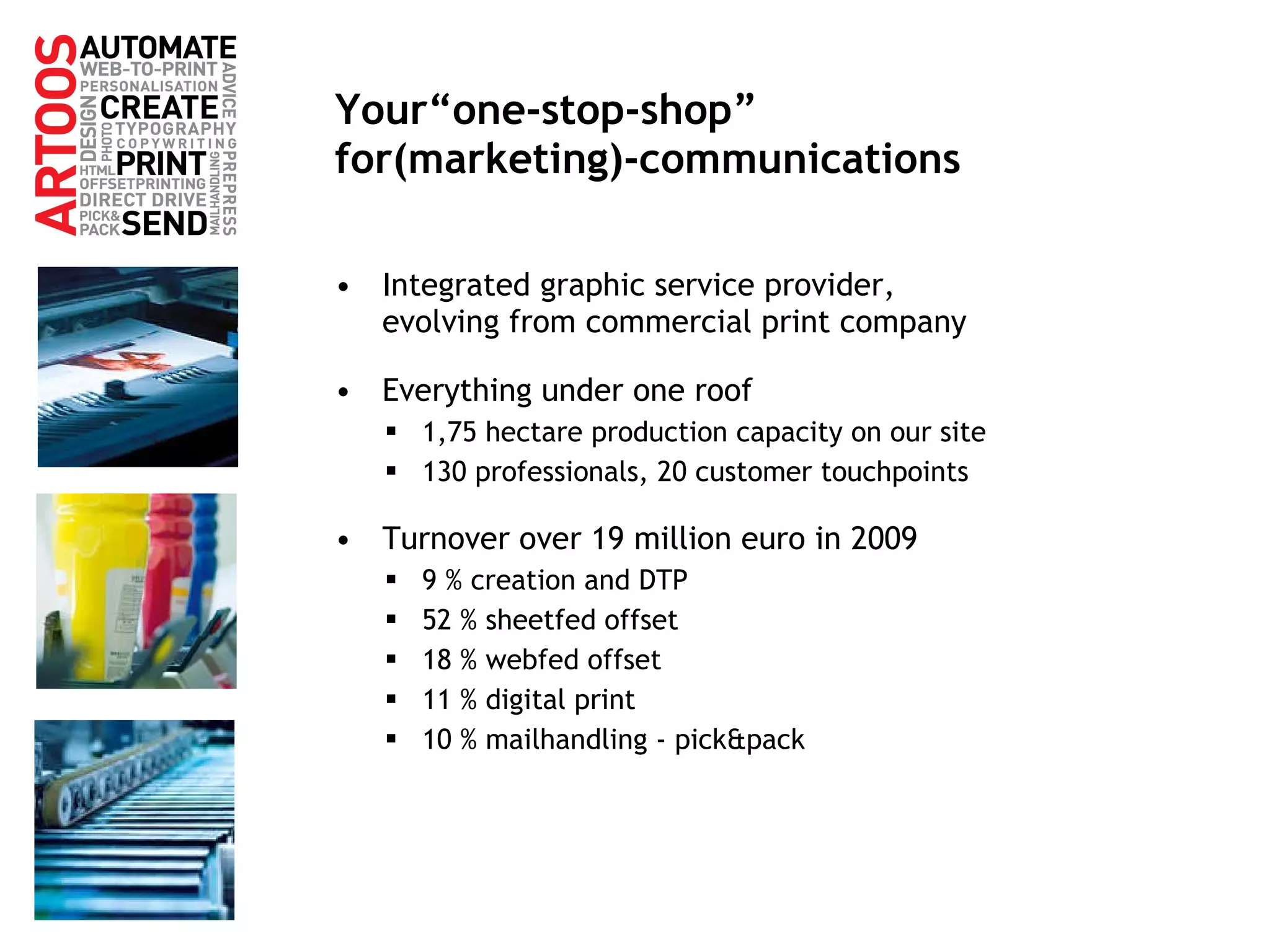 Your“one-stop-shop” for(marketing)-communications Integrated graphic service provider,  evolving from commercial print company Everything under one roof 1,75 hectare production capacity on our site 130 professionals, 20 customer touchpoints Turnover over 19 million euro in 2009 9 % creation and DTP 52 % sheetfed offset 18 % webfed offset 11 % digital print 10 % mailhandling - pick&pack 