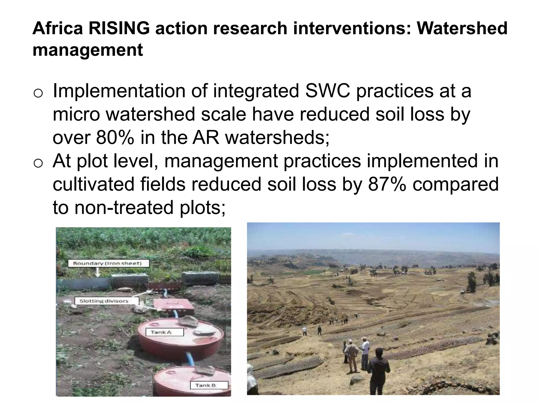 o Implementation of integrated SWC practices at a
micro watershed scale have reduced soil loss by
over 80% in the AR watersheds;
o At plot level, management practices implemented in
cultivated fields reduced soil loss by 87% compared
to non-treated plots;
Africa RISING action research interventions: Watershed
management
 