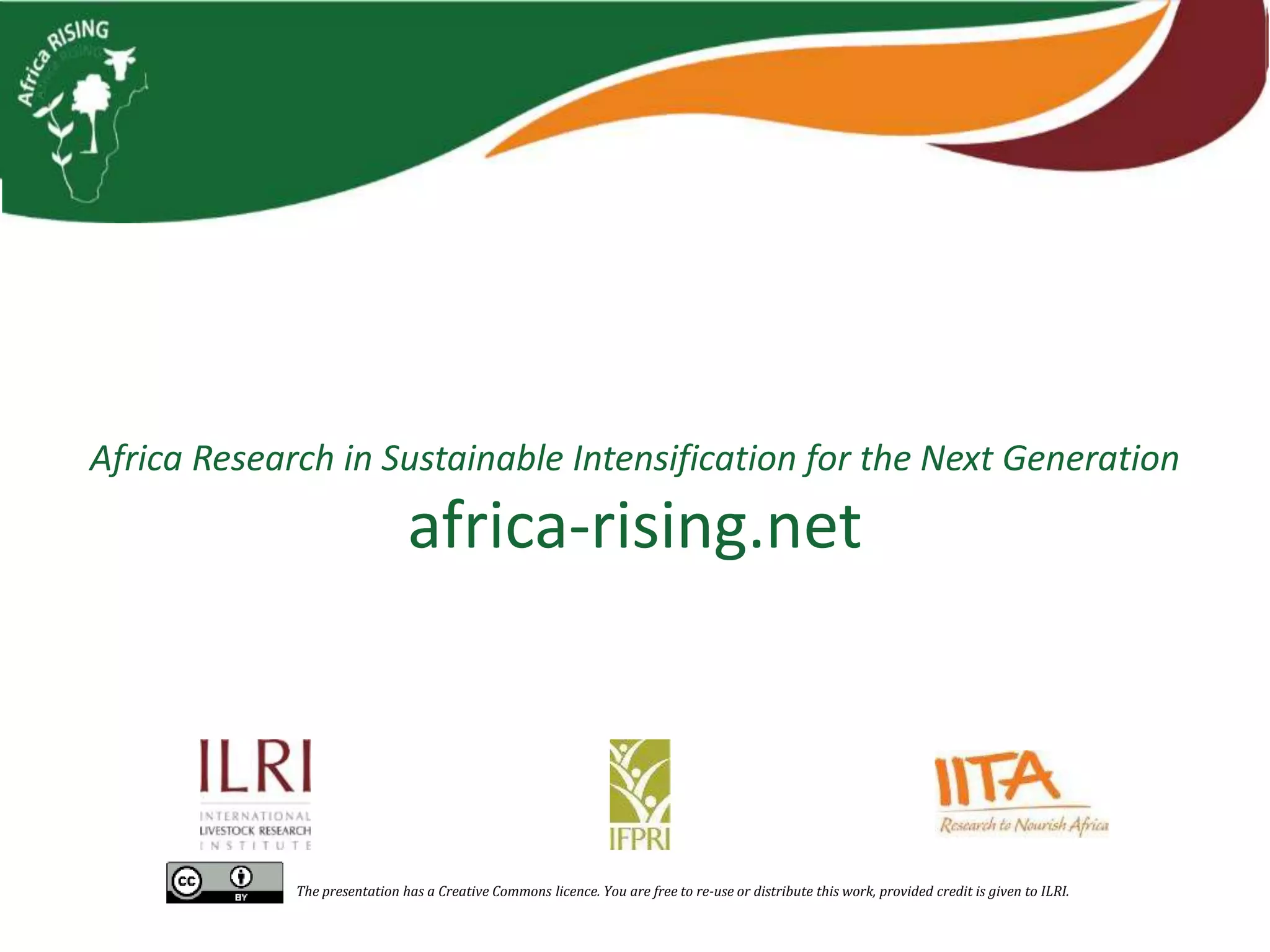 Africa Research in Sustainable Intensification for the Next Generation
africa-rising.net
The presentation has a Creative Commons licence. You are free to re-use or distribute this work, provided credit is given to ILRI.
 