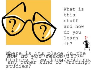 What is
this
stuff
and how
do you
learn
it?
How do you teach it?
How is it different from
any other kind of writing?
Where is its place in the
history of writing/writing
studies?
 