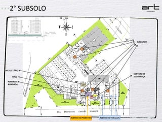 2° SUBSOLOELEVADORBICICLETÁRIOCENTRAL DE SEGURANÇAHALLPORTARIA BLINDADAACESSO DE VEÍCULOSACESSO DE PEDESTRES