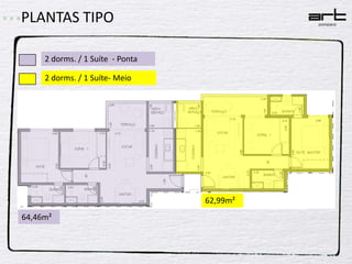 PLANTAS TIPO2 dorms. / 1 Suíte  - Ponta2 dorms. / 1 Suíte- Meio62,99m²64,46m²