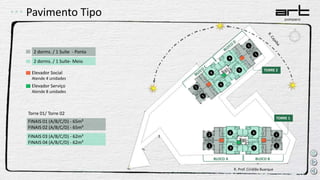 Pavimento Tipo
2 dorms. / 1 Suíte - Ponta
2 dorms. / 1 Suíte- Meio
Torre 01/ Torre 02
FINAIS 01 (A/B/C/D) - 65m²
FINAIS 02 (A/B/C/D) - 65m²
FINAIS 03 (A/B/C/D) - 62m²
FINAIS 04 (A/B/C/D) - 62m²
Elevador Social
Atende 4 unidades
Elevador Serviço
Atende 8 unidades
2
1
4
3
4
3
2
1
R. Prof. Ciridião Buarque
BLOCO A BLOCO B
TORRE 1
TORRE 2
 