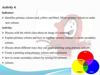 Activity 4:
Indicator:
 Identifies primary colours (red, yellow and blue). Mixes primary colours to make
new colours
Activity:
 Discuss with the whole class about an image of a painting .
 Explain primary colours and how to combine primary colours to create secondary
colours.
 Discuss about different ways they can create painting using primary colours
 Create a painting using primary colours and experiment
 how to create secondary colours by mixing two primary
 colours.
 
