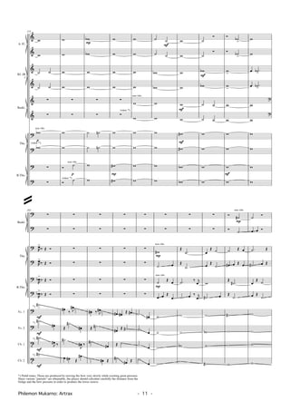 &
&
&
&
&
&
?
?
?
?
A. Fl.
Kl. (B
)
Baskl.
Tbn.
B.Tbn.
173
w
w
˙ ˙
˙ ˙
∑
∑
wb
wb
∑
∑
voice *)
non vibr.
p
w
w
w
w
∑
∑
w
w
Ó ˙
p
Ó
˙voice *)
non vibr.
wb
P
wb
w
w
∑
∑
˙ ˙n
˙ ˙n
w
w
w
w
w
w
∑
∑
w
w
w#
P
w#
w
w
w
w
w
w
w
w
w
w
voice *)
non vibr.
˙ ˙
F
˙ ˙
wb
wb
w
w
w
w
w
w
w
w
w
w
w
F
w
w#
F
w#
wb
wb
˙
Ó
˙
Ó
wb
F
wb
˙ ˙
˙ ˙
w
w
w
w
Ó ˙b>
Ó ˙b>
w
>
w
>
w
w
w
w
w
F
w
w
w
œ .˙b>
œ .˙b>
w
?
w
?
w
w
w
w
?
?
?
?
?
?
?
?
t
t
Vc. 1
Vc. 2
Cb. 1
Cb. 2
Baskl.
Tbn.
B.Tbn.
183
∑
∑
R
œ>
‰. Œ Ó
R
œ>
‰. Œ Ó
R
œb
>
‰. Œ Ó
R
œb
>
‰. Œ Ó
≠#
.≠#
–#
.≠#
J
–# ‰
≠#
F
F
F
F
*)
*)
*)
*)
∑
∑
∑
∑
∑
∑
–# ‰ J
–# ≠
Œ
≠#
–#
.≠#
J
–# ‰
– –# Œ
–#
∑
∑
∑
∑
∑
∑
–# ‰ J
–# ≠
Œ .≠#
.≠#
–#
≠ –# Œ
∑
∑
∑
∑
∑
∑
–# –#
Œ –#
–# Œ ≠#
Œ .≠
≠#
–# Œ
∑
∑
∑
∑
∑
∑
.≠
–#
.≠
–
.≠ –
.≠
–
∑
∑
w#
P
.˙ œ
˙
P
Œ
œ
œ œ Œ
œ
≠
≠
≠
≠
non vibr.
non vibr.
∑
∑
Œ
.˙
Œ
.˙
.˙
‰ j
œ
˙ œ ‰ j
œ
≠
≠
≠b
≠
∑
∑
œ
Œ ˙
œ Œ
˙
w
.˙# œ
≠
≠b
≠
≠#
Ó ˙#
P
Ó
˙
˙ Œ œ
œ# œ Œ œ
Œ
.˙#
Œ
.˙
≠#
≠
≠
≠
non vibr.
˙ Ó
œ œ Ó
.˙ Œ
˙# œ Œ
œ
Œ
˙
œ Œ
˙
≠
≠
≠
≠
Philemon Mukarno: Artrax - 11 -
*) Pedal tones. These are produced by moving the bow very slowly while exerting great pressure.
Since various "partials" are obtainable, the player should calculate carefully the distance from the
bridge and the bow pressure in order to produce the lower octave.
@
 