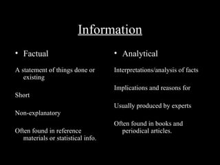 Information
• Factual                           • Analytical
A statement of things done or       Interpretations/analysis of facts
   existing
                                    Implications and reasons for
Short
                                    Usually produced by experts
Non-explanatory
                                    Often found in books and
Often found in reference               periodical articles.
   materials or statistical info.
 