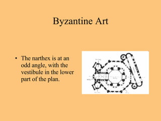 The narthex is at an odd angle, with the vestibule in the lower part of the plan. Byzantine Art 