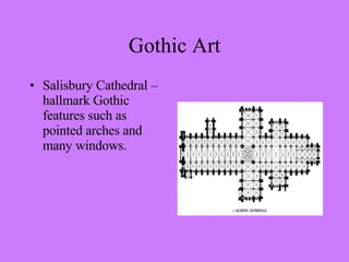 Salisbury Cathedral – hallmark Gothic features such as pointed arches and many windows.  Gothic Art 