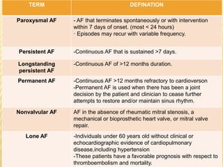 TERM DEFINATION
Paroxysmal AF - AF that terminates spontaneously or with intervention
within 7 days of onset. (most < 24 hours)
· Episodes may recur with variable frequency.
Persistent AF -Continuous AF that is sustained >7 days.
Longstanding
persistent AF
-Continuous AF of >12 months duration.
Permanent AF -Continuous AF >12 months refractory to cardioverson
-Permanent AF is used when there has been a joint
decision by the patient and clinician to cease further
attempts to restore and/or maintain sinus rhythm.
Nonvalvular AF AF in the absence of rheumatic mitral stenosis, a
mechanical or bioprosthetic heart valve, or mitral valve
repair.
Lone AF -Individuals under 60 years old without clinical or
echocardiographic evidence of cardiopulmonary
disease,including hypertension
-These patients have a favorable prognosis with respect to
thromboembolism and mortality.
 