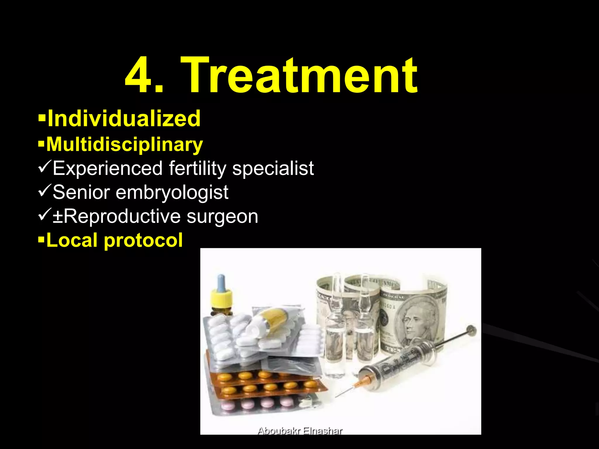 4. Treatment
Individualized
Multidisciplinary
Experienced fertility specialist
Senior embryologist
±Reproductive surgeon
Local protocol
Aboubakr Elnashar
 