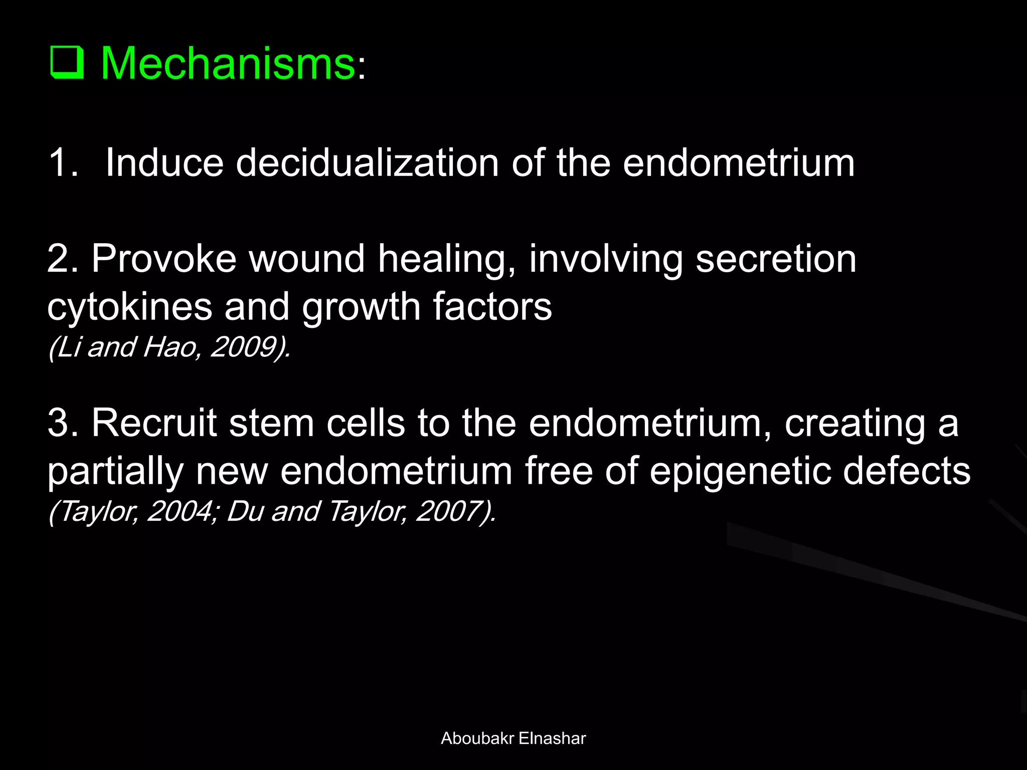  Mechanisms:
1. Induce decidualization of the endometrium
2. Provoke wound healing, involving secretion
cytokines and growth factors
(Li and Hao, 2009).
3. Recruit stem cells to the endometrium, creating a
partially new endometrium free of epigenetic defects
(Taylor, 2004; Du and Taylor, 2007).
Aboubakr Elnashar
 