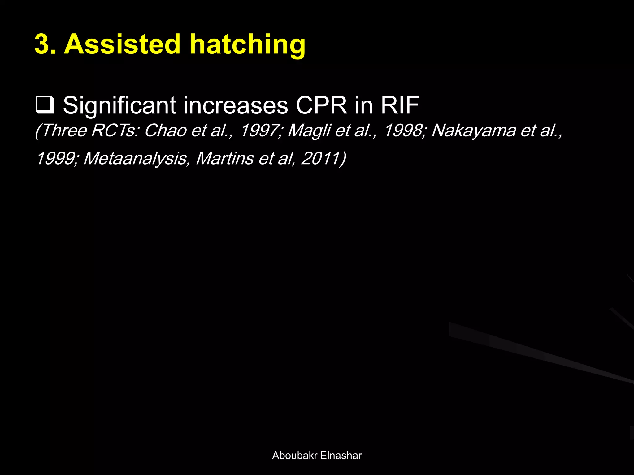 3. Assisted hatching
 Significant increases CPR in RIF
(Three RCTs: Chao et al., 1997; Magli et al., 1998; Nakayama et al.,
1999; Metaanalysis, Martins et al, 2011)
Aboubakr Elnashar
 