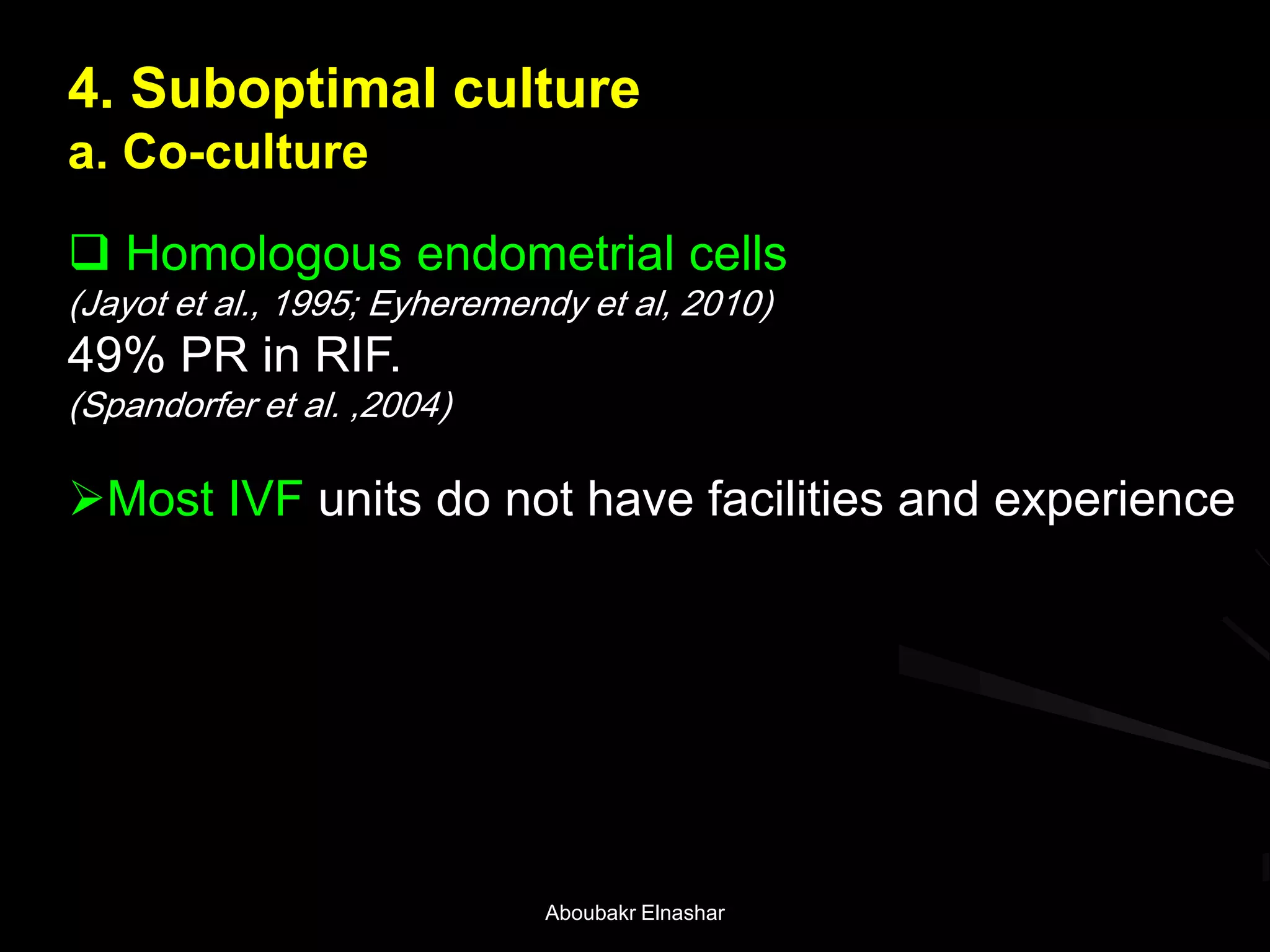 4. Suboptimal culture
a. Co-culture
 Homologous endometrial cells
(Jayot et al., 1995; Eyheremendy et al, 2010)
49% PR in RIF.
(Spandorfer et al. ,2004)
Most IVF units do not have facilities and experience
Aboubakr Elnashar
 