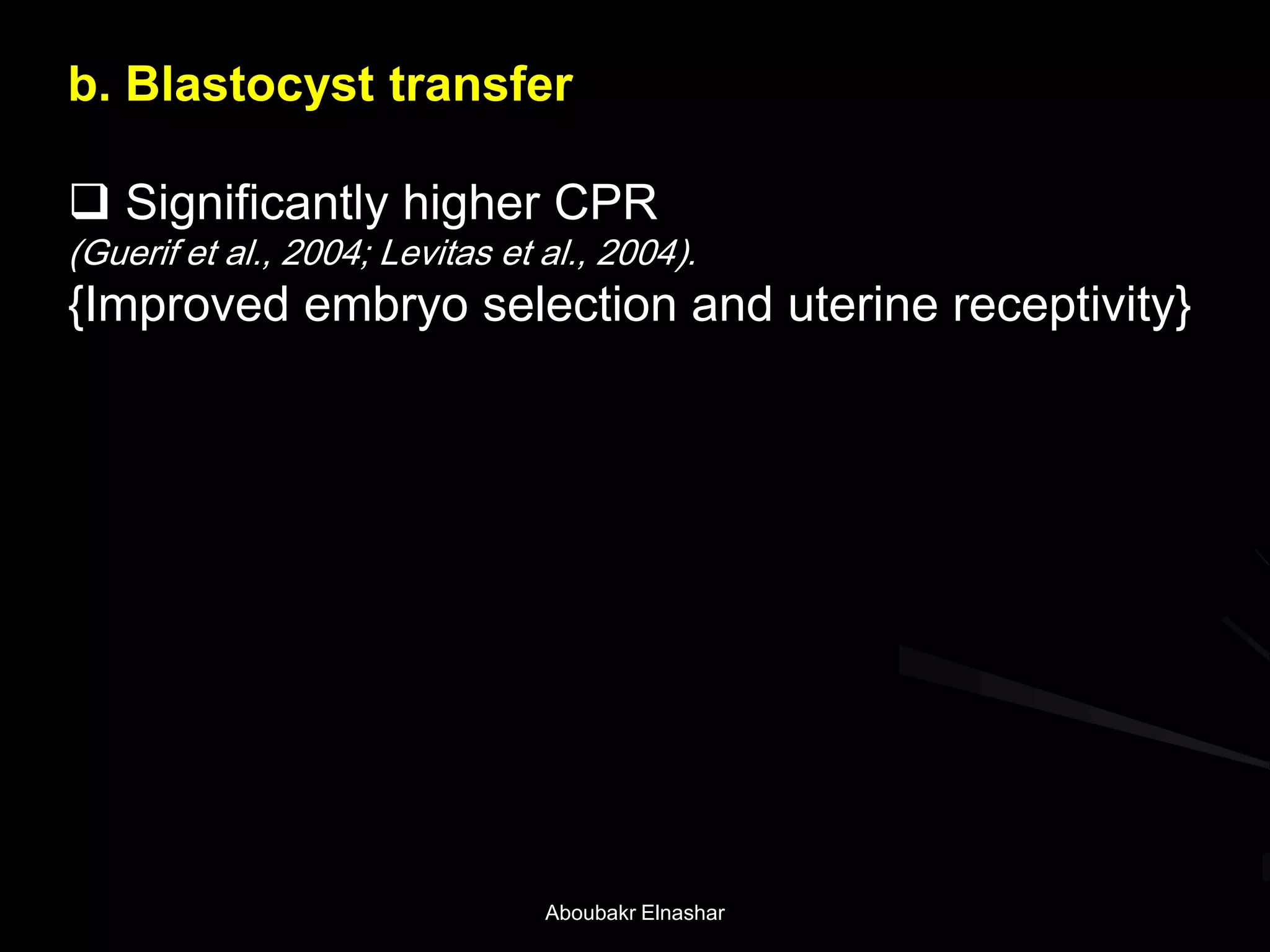b. Blastocyst transfer
 Significantly higher CPR
(Guerif et al., 2004; Levitas et al., 2004).
{Improved embryo selection and uterine receptivity}
Aboubakr Elnashar
 