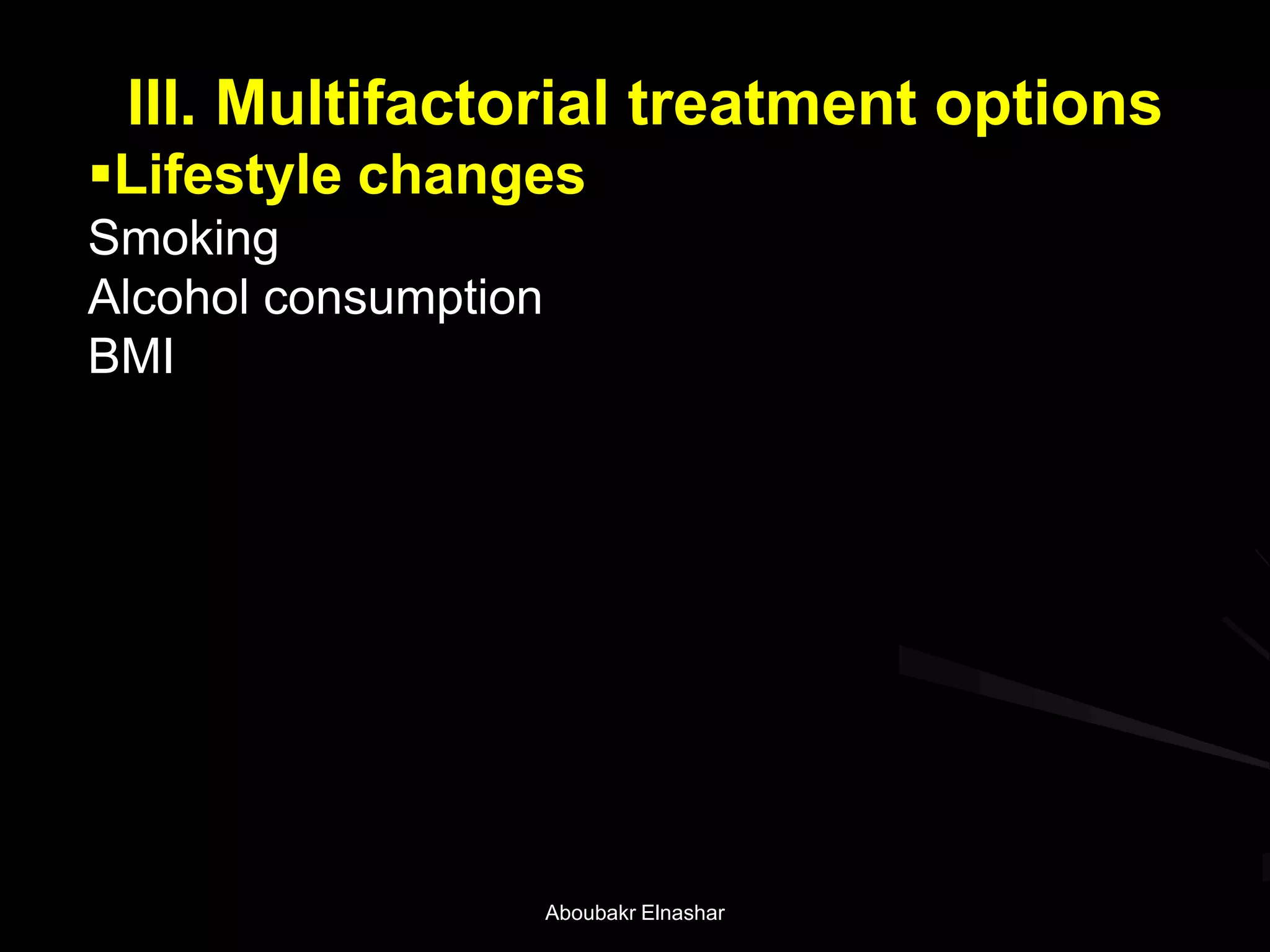 III. Multifactorial treatment options
Lifestyle changes
Smoking
Alcohol consumption
BMI
Aboubakr Elnashar
 