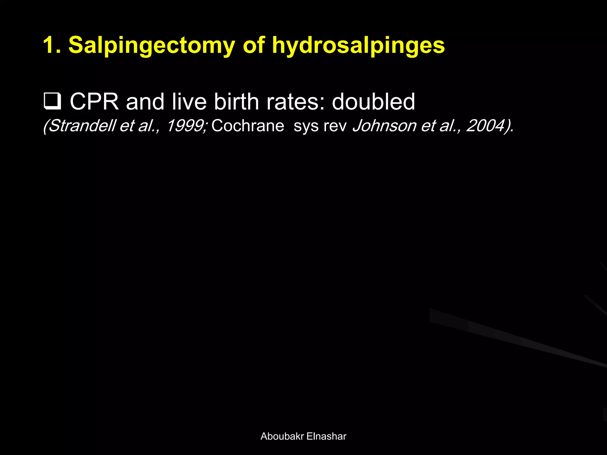 1. Salpingectomy of hydrosalpinges
 CPR and live birth rates: doubled
(Strandell et al., 1999; Cochrane sys rev Johnson et al., 2004).
Aboubakr Elnashar
 