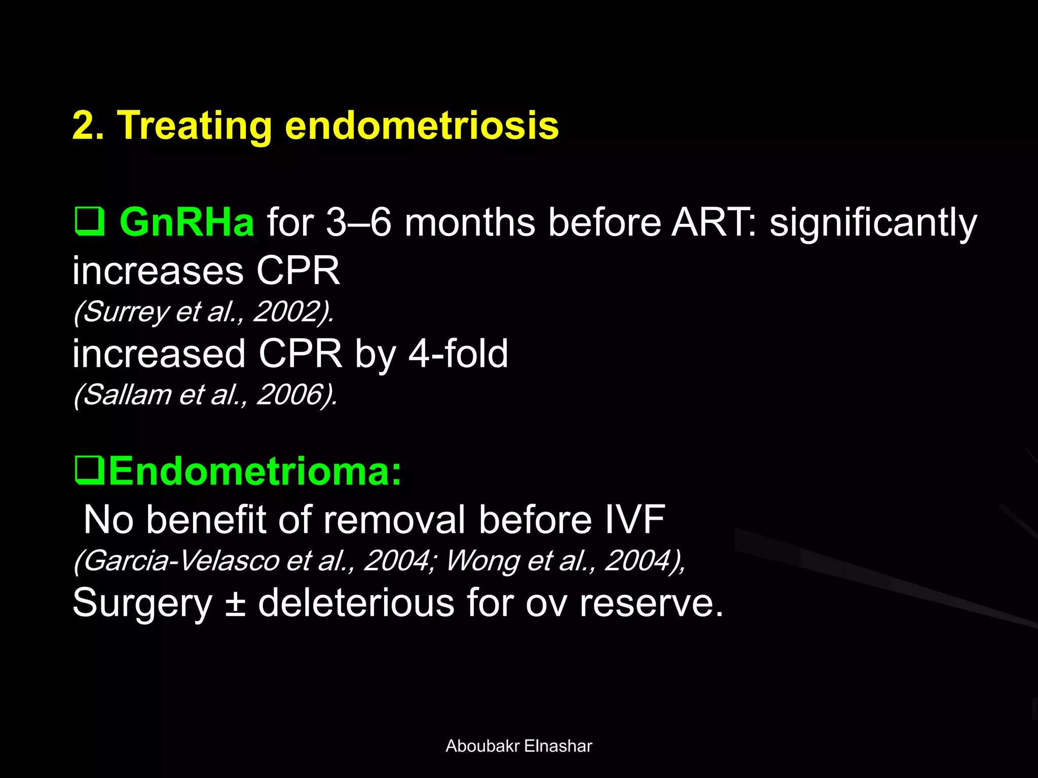 2. Treating endometriosis
 GnRHa for 3–6 months before ART: significantly
increases CPR
(Surrey et al., 2002).
increased CPR by 4-fold
(Sallam et al., 2006).
Endometrioma:
No benefit of removal before IVF
(Garcia-Velasco et al., 2004; Wong et al., 2004),
Surgery ± deleterious for ov reserve.
Aboubakr Elnashar
 