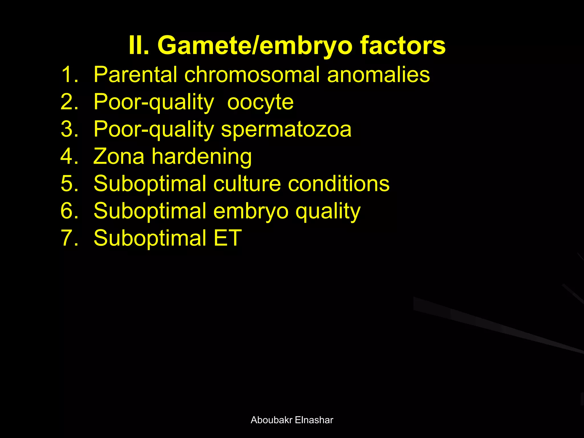II. Gamete/embryo factors
1. Parental chromosomal anomalies
2. Poor-quality oocyte
3. Poor-quality spermatozoa
4. Zona hardening
5. Suboptimal culture conditions
6. Suboptimal embryo quality
7. Suboptimal ET
Aboubakr Elnashar
 