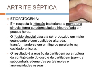 ARTRITE SÉPTICA
 ETIOPATOGENIA:
• Em resposta à infecção bacteriana, a membrana
sinovial torna-se edemaciada e hipertrofiada em
poucas horas.
• O líquido sinovial passa a ser produzido em maior
quantidade e com qualidade alterada,
transformando-se em um líquido purulento na
cavidade articular.
• O resultado é a erosão da cartilagem ou a ruptura
da contigüidade do osso e da cartilagem (pannus
subcondral); edema das partes moles e
anormalidades ósseas.
 