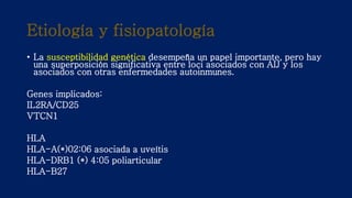 Etiología y fisiopatología
• La susceptibilidad genética desempeña un papel importante, pero hay
una superposición significativa entre loci asociados con AIJ y los
asociados con otras enfermedades autoinmunes.
Genes implicados:
IL2RA/CD25
VTCN1
HLA
HLA-A(*)02:06 asociada a uveítis
HLA-DRB1 (*) 4:05 poliarticular
HLA-B27
 