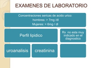 EXAMENES DE LABORATORIO
     Concentraciones sericas de acido urico:
              hombres: > 7mg /dl
              Mujeres: > 6mg / dl

                                    Rx no esta muy
      Perfil lipidico                indicado en el
                                       diagnostico



uroanalisis     creatinina
 