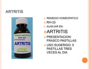 ARTRITIS
REMEDIO HOMEOPATICO
RH-33
AUXILIAR EN:
ARTRITIS
PRESENTACION:
FRASCO PASTILLAS
USO SUGERIDO: 5
PASTILLAS TRES
VECES AL DIA