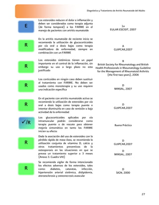 Diagnóstico y Tratamiento de Artritis Reumatoide del Adulto
27
Los esteroides reducen el dolor e inflamación y
deben ser considerados como terapia adjunta
(de forma temporal) a los FARME en el
manejo de pacientes con artritis reumatoide
1a
EULAR ESCISIT, 2007
En la artritis reumatoide de reciente inicio se
recomienda la utilización de glucocorticoides
por vía oral a dosis bajas como terapia
modificadora de enfermedad, siempre en
combinación con un FARME
A
GUIPCAR,2007
Los esteroides sistémicos tienen un papel
importante en el control de la inflamación, sin
embargo su uso a largo plazo no esta
justificado
B
British Society for Rheumatology and British
Health Professionals in Rheumatology Guideline
for the Management of Rheumatoid Arthritis
(the first two years), 2006
Los corticoides en ningún caso deben sustituir
al tratamiento con FARME. No deben ser
usados como monoterapia y su uso requiere
una indicación específica
D
MINSAL, 2007
En el paciente con artritis reumatoide activa se
recomienda la utilización de esteroides por vía
oral a dosis bajas como terapia puente e
intentar disminuirla en caso de remisión o baja
actividad de la enfermedad
D
GUIPCAR,2007
Los glucocorticoides aplicados por vía
intramuscular podrán considerarse como
terapia puente o de rescate para obtener
mejoría sintomática en tanto los FARME
inicien su efecto
Buena Práctica
Dada la asociación del uso de esteroides con la
pérdida rápida de masa ósea, se recomienda la
utilización conjunta de vitamina D, calcio y
otros tratamientos preventivos de la
osteoporosis en las situaciones en que se
prevea un tratamiento superior a 3 meses
(Anexo 3. Cuadro VIII)
D
GUIPCAR,2007
D
MINSAL, 2007
Se recomienda vigilar de forma intencionado
los efectos adversos de los esteroides, tales
como: diabetes, cataratas, infección,
hipertensión arterial sistémica, dislipidemia,
ateroesclerosis y osteonecrosis avascular
D
SIGN, 2000
R
R
R
R
E
R
R
/R
 