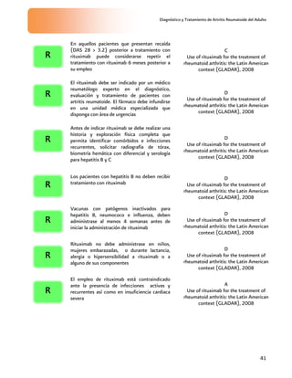 Diagnóstico y Tratamiento de Artritis Reumatoide del Adulto
41
En aquellos pacientes que presentan recaída
(DAS 28 > 3.2) posterior a tratamiento con
rituximab puede considerarse repetir el
tratamiento con rituximab 6 meses posterior a
su empleo
C
Use of rituximab for the treatment of
rheumatoid arthritis: the Latin American
context (GLADAR), 2008
El rituximab debe ser indicado por un médico
reumatólogo experto en el diagnóstico,
evaluación y tratamiento de pacientes con
artritis reumatoide. El fármaco debe infundirse
en una unidad médica especializada que
disponga con área de urgencias
D
Use of rituximab for the treatment of
rheumatoid arthritis: the Latin American
context (GLADAR), 2008
Antes de indicar rituximab se debe realizar una
historia y exploración física completa que
permita identificar comórbidos e infecciones
recurrentes, solicitar radiografía de tórax,
biometría hemática con diferencial y serología
para hepatitis B y C
D
Use of rituximab for the treatment of
rheumatoid arthritis: the Latin American
context (GLADAR), 2008
Los pacientes con hepatitis B no deben recibir
tratamiento con rituximab
D
Use of rituximab for the treatment of
rheumatoid arthritis: the Latin American
context (GLADAR), 2008
Vacunas con patógenos inactivados para
hepatitis B, neumococo e influenza, deben
administrase al menos 4 semanas antes de
iniciar la administración de rituximab
D
Use of rituximab for the treatment of
rheumatoid arthritis: the Latin American
context (GLADAR), 2008
Rituximab no debe administrase en niños,
mujeres embarazadas, o durante lactancia,
alergia o hipersensibilidad a rituximab o a
alguno de sus componentes
D
Use of rituximab for the treatment of
rheumatoid arthritis: the Latin American
context (GLADAR), 2008
El empleo de rituximab está contraindicado
ante la presencia de infecciones activas y
recurrentes así como en insuficiencia cardiaca
severa
A
Use of rituximab for the treatment of
rheumatoid arthritis: the Latin American
context (GLADAR), 2008
R
R
R
R
R
R
R
 