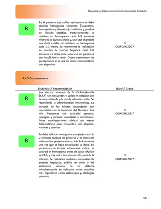 Diagnóstico y Tratamiento de Artritis Reumatoide del Adulto
58
En el paciente que utiliza azatioprina se debe
solicitar hemograma completo (leucocitos,
hemoglobina y plaquetas), creatinina y pruebas
de función hepática. Posteriormente se
realizará un hemograma cada 1-2 semanas
mientras se ajusta la dosis y, una vez alcanzada
una dosis estable, se realizará un hemograma
cada 1-3 meses. Se recomienda la realización
de pruebas de función hepática cada 6-8
semanas. La dosis debe reducirse en pacientes
con insuficiencia renal. Deben extremarse las
precauciones si se usa de forma concomitante
con alopurinol
D
GUIPCAR,2007
4.4.5 Ciclofosfamida
Evidencia / Recomendación Nivel / Grado
Los efectos adversos de la Ciclofosfamida
(CFA) son frecuentes y varían en relación con
la dosis utilizada y la vía de administración. Se
recomienda la administración intravenosa. La
mayoría de los efectos secundarios son
reversibles con la supresión del fármaco. Los
más frecuentes son toxicidad gonadal,
urológica y medular, neoplasias e infecciones.
Otras manifestaciones tóxicas de menor
trascendencia pero frecuentes son alopecia,
náuseas y vómitos
D
GUIPCAR,2007
Se debe solicitar hemograma completo cada 1-
2 semanas durante los primeros 2-3 meses del
tratamiento, posteriormente cada 2-4 semanas
una vez que se haya estabilizado la dosis. En
pacientes con terapia intravenosa cíclica, se
valorará el hemograma antes de cada infusión
de CFA, y tras una o dos semanas después de la
infusión. Se realizarán controles mensuales de
enzimas hepáticos, análisis de orina y del
sedimento urinario. Si se detecta
microhematuria se indicarán otros estudios
más específicos como cistoscopia y citologías
urinarias
D
GUIPCAR,2007
R
R
R
 