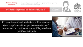 Dosificación óptima de los tratamientos para AR
Revisión clínica y
académica.
MDMF
Guía de práctica clínica para la detección temprana, el diagnóstico, el tratamiento y el seguimiento de los pacientes
con artritis reumatoide. Asociación Colombiana de Reumatología, 2022. Documento de consenso: 2023 Asociación´
Colombiana de Reumatología. Publicado por Elsevier España,
El tratamiento seleccionado debe utilizarse en una
dosis terapéutica eficaz, por lo menos durante 3
meses antes de considerarse como falla y escalar o
modificar la terapia
 