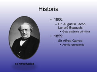 Historia 1800: Dr. Augustin Jacob Landré-Beauvais: Gota asténica primitiva 1859: Sir Alfred Garrod Artritis reumatoide Sir Alfred Garrod 