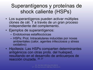 Superantígenos y proteínas de shock caliente (HSPs)  Los superantígenos pueden activar múltiples clones de cél. T a través de un gran proceso independiente del complemento. Ejemplos de superantígenos: Endotoxinas estafilocócicas HSPs: Prot. Intracelulares inducidas por noxas ambientales (calor, agentes infecciosos y stress oxidativo) Hipótesis: Las HSPs comparten determinantes antigénicos con otras prots. del huésped, resultando en el desarrollo de anticuerpos de reacción cruzada.  26, 27 26 - Nat Med 1995 May;1(5):448-52 27 - Clin Exp Immunol 1988 Nov;74(2):211-5.   