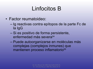 Linfocitos B Factor reumatoideo: Ig reactivas contra epítopos de la parte Fc de la IgG Si es positivo de forma persistente, enfermedad más severa 54 Puede autoorganizarse en moléculas más complejas (complejos inmunes) que mantienen proceso inflamatorio 55 54-  Ann Rheum Dis 1992 Sep;51(9):1029-35. 55 - Arthritis Rheum 1985 Mar;28(3):241-8 
