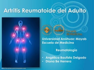 Artritis Reumatoide del Adulto



             Universidad Anáhuac Mayab
             Escuela de Medicina

                     Reumatología

             • Angélica Bautista Delgado
             • Diana Be Herrera
 