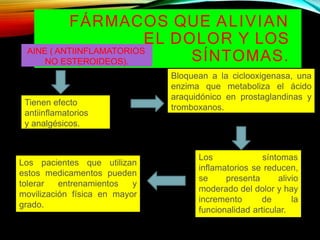 FÁRMACOS QUE ALIVIAN
EL DOLOR Y LOS
SÍNTOMAS.
AINE ( ANTIINFLAMATORIOS
NO ESTEROIDEOS).
Tienen efecto
antiinflamatorios
y analgésicos.
Bloquean a la ciclooxigenasa, una
enzima que metaboliza el ácido
araquidónico en prostaglandinas y
tromboxanos.
Los síntomas
inflamatorios se reducen,
se presenta alivio
moderado del dolor y hay
incremento de la
funcionalidad articular.
Los pacientes que utilizan
estos medicamentos pueden
tolerar entrenamientos y
movilización física en mayor
grado.
 