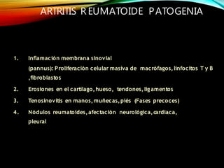 ARTRITIS R EUMATOIDE PATOGENIA
1. Inflamación membrana sinovial
(pannus): Proliferación celular masiva de macrófagos,linfocitos T y B
,fibroblastos
2. Erosiones en el cartílago,hueso, tendones,lig amentos
3. Tenosinovitis en manos,muñecas,piés (Fases precoces)
4. Nódulos reumatoides,afectación neurológica,cardiaca,
pleural
 