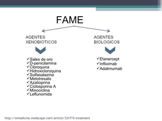 FAME  http://emedicine.medscape.com/article/331715-treatment Sales de oro D-penicilamina Cloroquina Hidroxicloroquina  Sulfasalazina  Metotrexato  Azatioprina  Ciclosporina A Minociclina Leflunomida Etanercept Infliximab  Adalimumab 