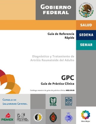 Guía de Referencia
Rápida
Diagnóstico y Tratamiento de
Artritis Reumatoide del Adulto
GPC
Guía de Práctica Clínica
Catálogo maestro de guías de práctica clínica: IMSS-195-08
 