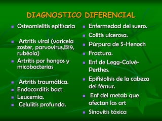 ESTUDIO LIQUIDIO SINOVIALIncluye            gram,            cultivo para aerobios y anaerobios,          celularidad y glucosa  leucocitos  > 100.000/mm3 PMN(75-90%).                               ( 25 000-250 000/mm3)Glu <50% Prot elevadas