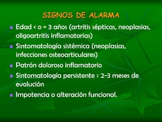 Factores de mal pronosticoRetardo en el inicio del tto > 7 diasEdad< 1 año Infección de cadera y hombroOsteomielitis concomitanteStrpto b hemolitico grupo B o GCompromiso de > 4 articulacionesCultivos positivos despues de 7 dias de tto adecuadoHuesped inmunocomprometido