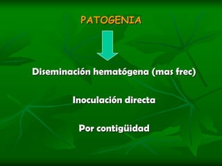 PATOGENIADiseminación hematógena (mas frec)Inoculación directaPor contigüidad