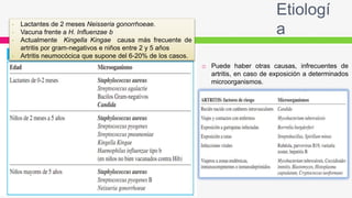 Etiologí
a• Lactantes de 2 meses Neisseria gonorrhoeae.
• Vacuna frente a H. Influenzae b
• Actualmente Kingella Kingae causa más frecuente de
artritis por gram-negativos e niños entre 2 y 5 años
• Artritis neumocócica que supone del 6-20% de los casos.
 Puede haber otras causas, infrecuentes de
artritis, en caso de exposición a determinados
microorganismos.
 