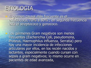 ETIOLOGIA  El germen causal más frecuente es el estáfilococo, 70% a 80% ; en segunda frecuencia está el streptococo y gonococo. Los gérmenes Gram negativos son menos frecuentes (Escherichia Coli, pseudomona, Proteus, Haemophilus influenza, Serratia) pero hay una mayor incidencia de infecciones articulares por ellos, en los recién nacidos y lactantes, especialmente cuando cursan con sepsis a gram negativos; lo mismo ocurre en pacientes de edad avanzada,  